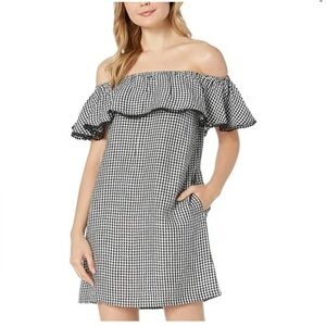 Tommy Bahama Dress Linen Blend Black & White Gingham Off Shoulder Ruffle Size M